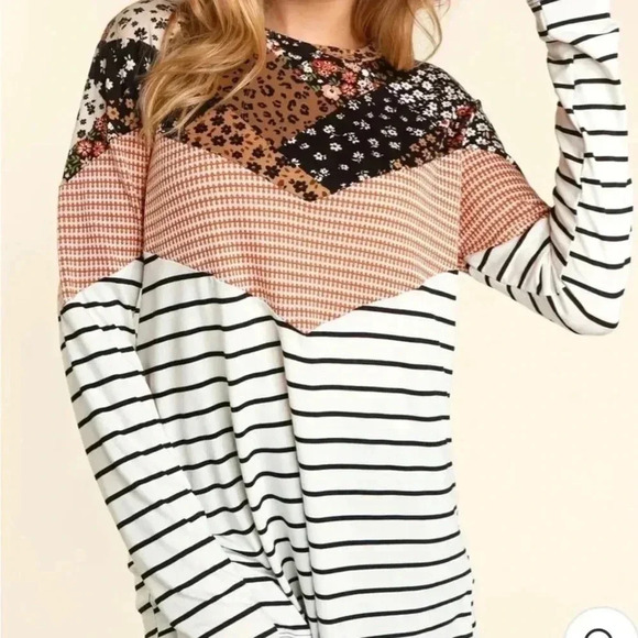 NEW Haptics BLACK RUST & IVORY CHEVRON COLOR BLOCK LONG SLEEVE TOP SIZES S,M,L - Picture 1 of 5